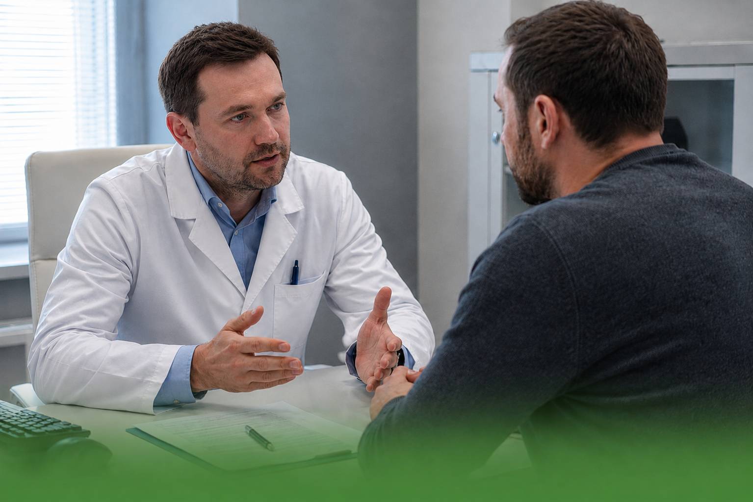 Врач-нарколог в Поронайске консультирует мужчину о методах безопасного отказа от алкоголя.